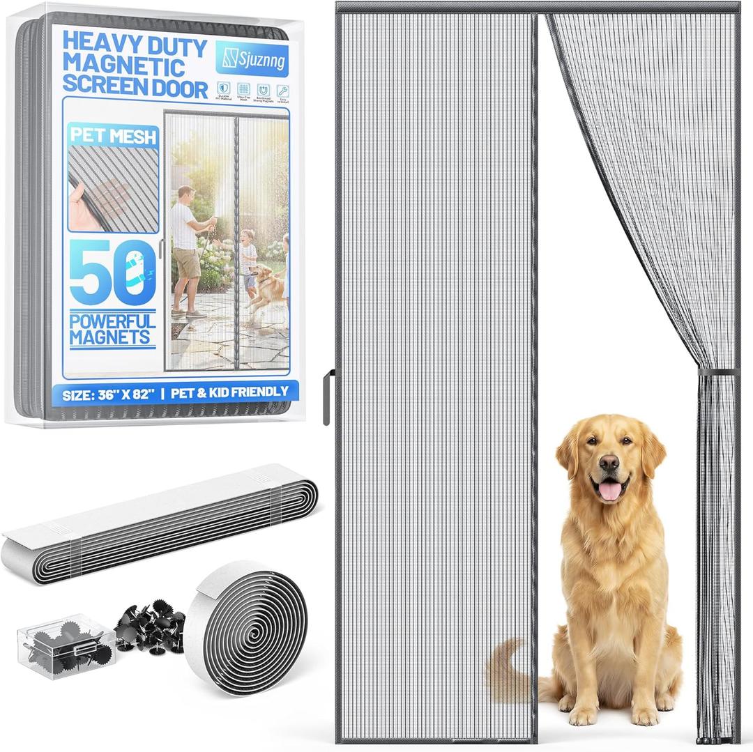 Heavy Duty Magnetic Screen Door Mesh - Auto-Sealing Hand-Free Door Net Screen with 50 Magnets, Pet & Kid Friendly, PET Fine Mesh Doors Screens Keep Bugs & Mosquitos Out Fits Front Doors Size 34 x 80