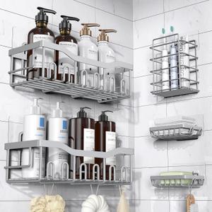 5-Pack Rustproof Stainless Steel Shower Caddy  No Drill Adhesive Bathroom Organizer with Large Capacity, Spacious Shower Shelves for Inside Shower, Kitchen & Home Decor Storage (5-piece set, Light Grey)