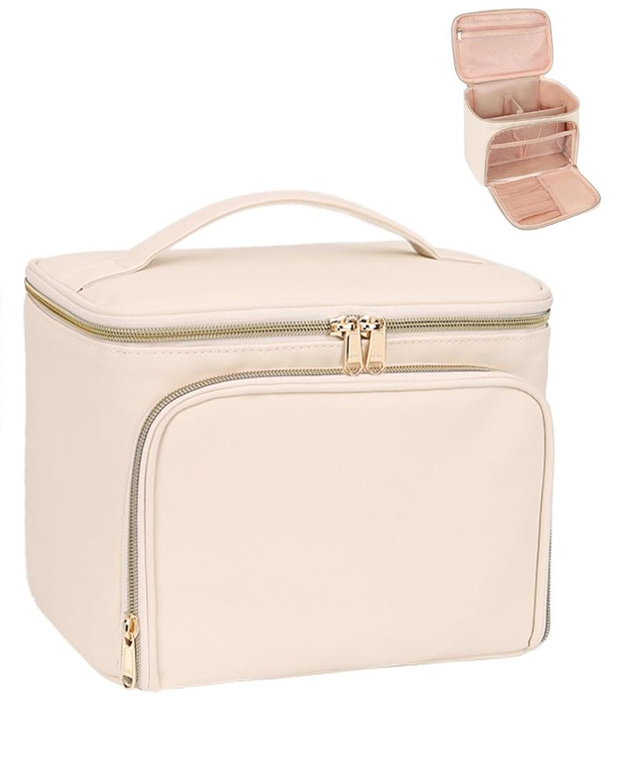 Relavel Makeup Bag with Dividers, Large Travel Makeup Organizer Bag, Makeup Brush Bag Train Case, Portable Cosmetic Bag for Girls, Large Capacity Storage Bag for Toiletries (Beige) (02-White)