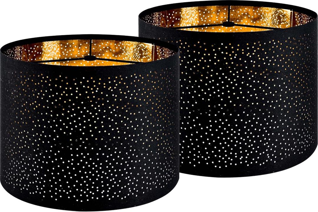 GO&SO Black Lamp Shades Set of 2, Drum Lampshades with Laser Drilling Design, Medium Lampshade 13" Top x 13" Bottom x 10" High, Lamp Shade For Tablelamp,Floor Lamps,Wall Hanging, Assembly Required