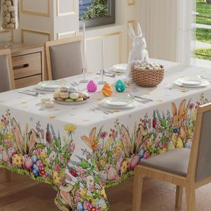 XCHI Bunny Ears Eggs Wildflowers Rabbits Easter Tablecloth Rectangle Table Cloth Washable Table Covers for Indoor Dining Home Party Decorations 60x84 Inch