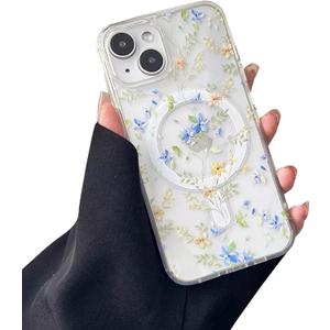 ZTOFERA for iPhone 13/14 Magnetic Case Compatible with Magsafe,Aesthetic Floral Pattern Design Cute for Girl Women,Anti-Drop Protective Hard Phone Cover for iPhone 13/14-Blue Flower