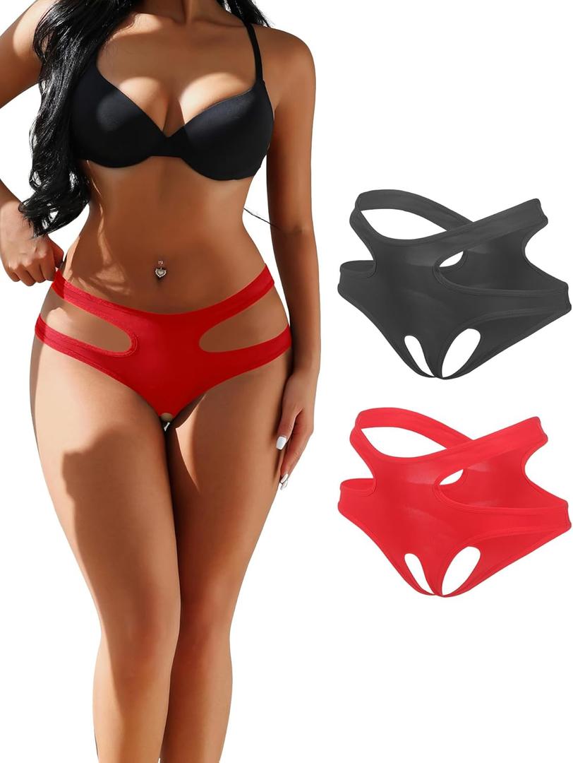 ohyeahlady Women Naughty Underwear Cut Out Briefs Crotchless Panties Breathable Cheeky Hipster Comfortable Panties (2pcs-black/Red, XL)
