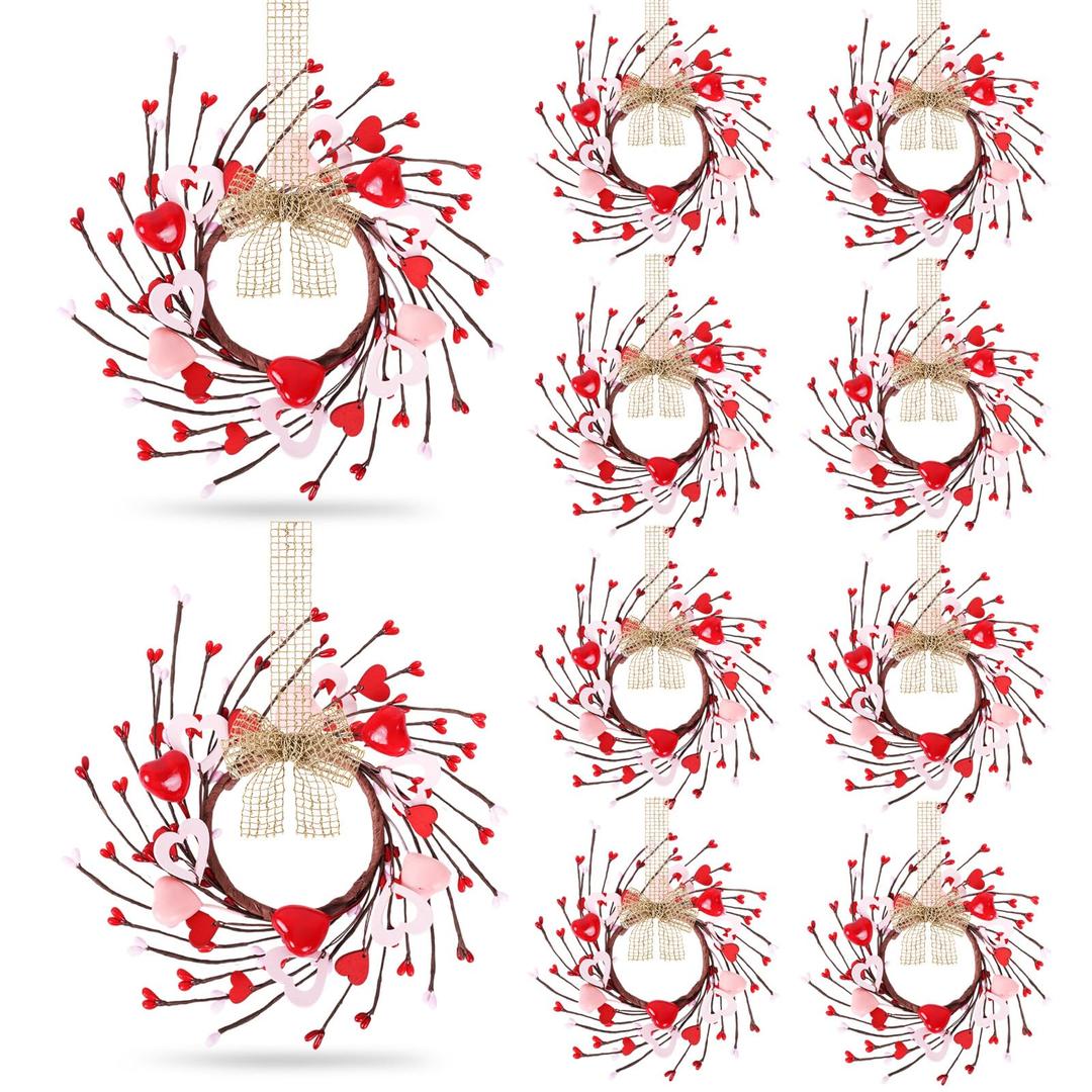 10 Pcs Valentines Day Wreaths Kitchen Cabinet Wreath Farmhouse Artificial Red Pink Heart Berries Mini Valentine's Day Windows Wreath for Front Door Porch Wall Decor