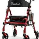 BlessReach Lightweight Foldable Rollator Walkers with Seat for Seniors, 350 lb Capacity, 5-Position Adjustable Height, Premium Hybrid Rolling Walker - Aluminum and Carbon Steel (Red)