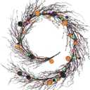 6.5 Ft Halloween Garland Black Willow Vine Decor with 9.8FT Lights Artificial Branches Berries Pumpkin Vines Halloween Realistic Garland for Home Fireplace Table Window Mantle Party Holiday Decor