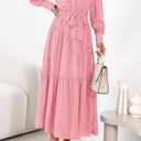 dowerme Women's Casual Dresses 2025 Fall Fashion Long Sleeve Button Up Floral Print Belted Tiered Boho Maxi Party Dress (Pink, XL)