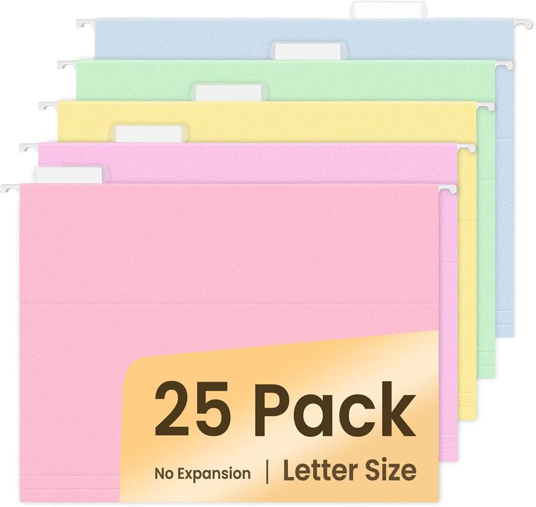 SUNEE 25 Pack Hanging File Folders, Bright Folders, Hanging File Folders Letter Size with 1/5-cut Tabs, Stay Organized for Your Home and Office Bulk File and Documents (Soft Colors)