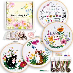 Embroidery Kit for Beginners, 4 Sets Cat Embroidery Kits, Needle Point Kits for Adults Beginner, with Full Package Sewing Supplies and Detailed Easy-to-Follow Instructions, Gift for DIY Lovers