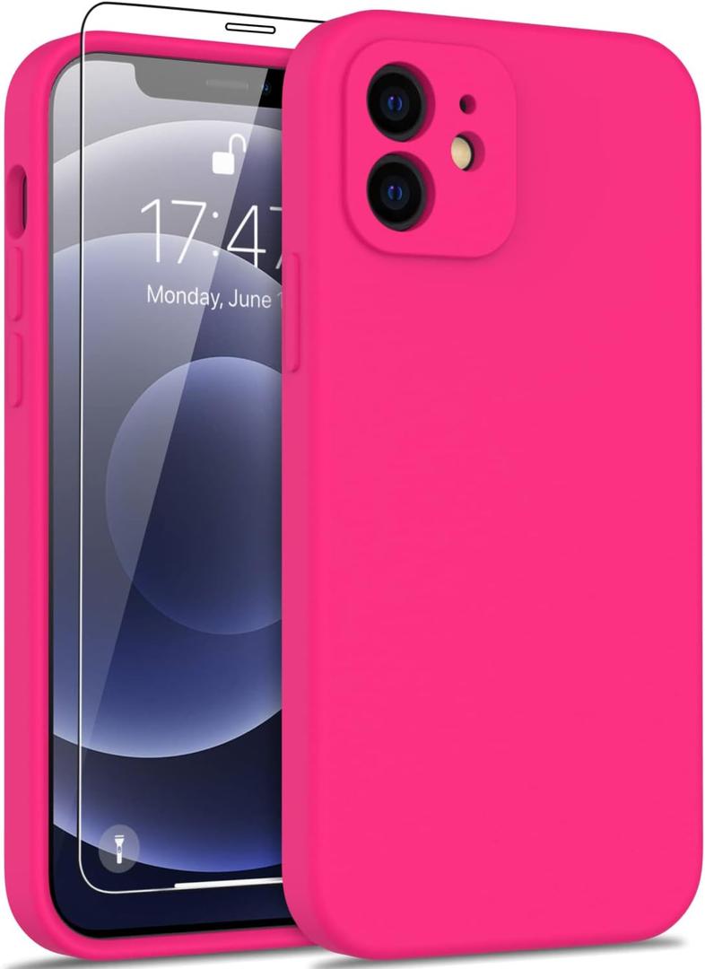 DEENAKIN Compatible with iPhone 12 Silicone Case with Screen Protector, Enhance Camera Protection, Soft Flexible Slim Fit Protective Phone Cover 6.1" for Women Girls Hot Pink