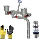 Double Sink Drain Kit - Expandable Flexible 1 1/2 Inch P-Trap Pipe, 3-1/2 Inch Sink Drain Assembly with 4-Way Fitting Adapter for Dishwasher, Space-Saving Drainage Solution for Kitchen Dual Basins