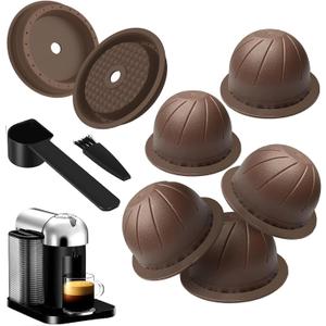 5PCS Reusable Coffee Vertuo Pods, Refillable Coffee Capsule,Compatible with Nespresso Ver0tuo Coffee Machine, with 2 Pcs Reusable Coffee Capsule Lid, Spoon and Brush (Brown-150ML)