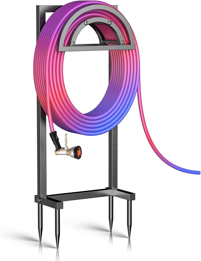 OLV Garden Hose Holder, Outdoor Freestanding Heavy Duty Water Hose Holder Reel with 4 Spikes Holds 150-ft Water Pipe, Detachable Metal Hose Storage Stand Hanger Rack for Outside Yard Lawn Farm, Black