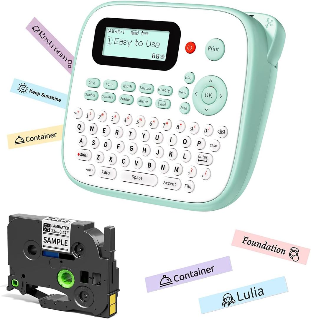 Label Maker Waterproof-Labels, Desktop Label Maker for Kids, D210S Handheld Labeler Machine with Tape-12mm 0.47 Laminated White, Multiple Symbols for Home Office School Kids Teachers Gifts, Green Label Maker