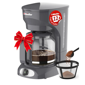 MUELLER HOME 12-Cup Drip Coffee Maker Perfect for Home or Office, Borosilicate Carafe, Auto-Off, Reusable Filter, Anti-Drip, Keep-Warm Function, Clear Water Level Window, Gray