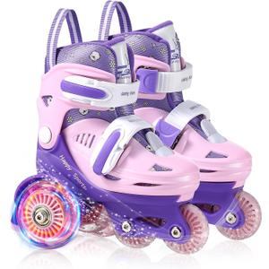 Toddler Roller Skates, 4 Adjustable Sizes, Light-up Wheels, Safety Three-Point Balance, Beginner Skates for Ages 3-8 Girls Boys Kids, Suitable Indoor & Outdoor Use (S-Small(11C-1Y US), Pink&Purple)
