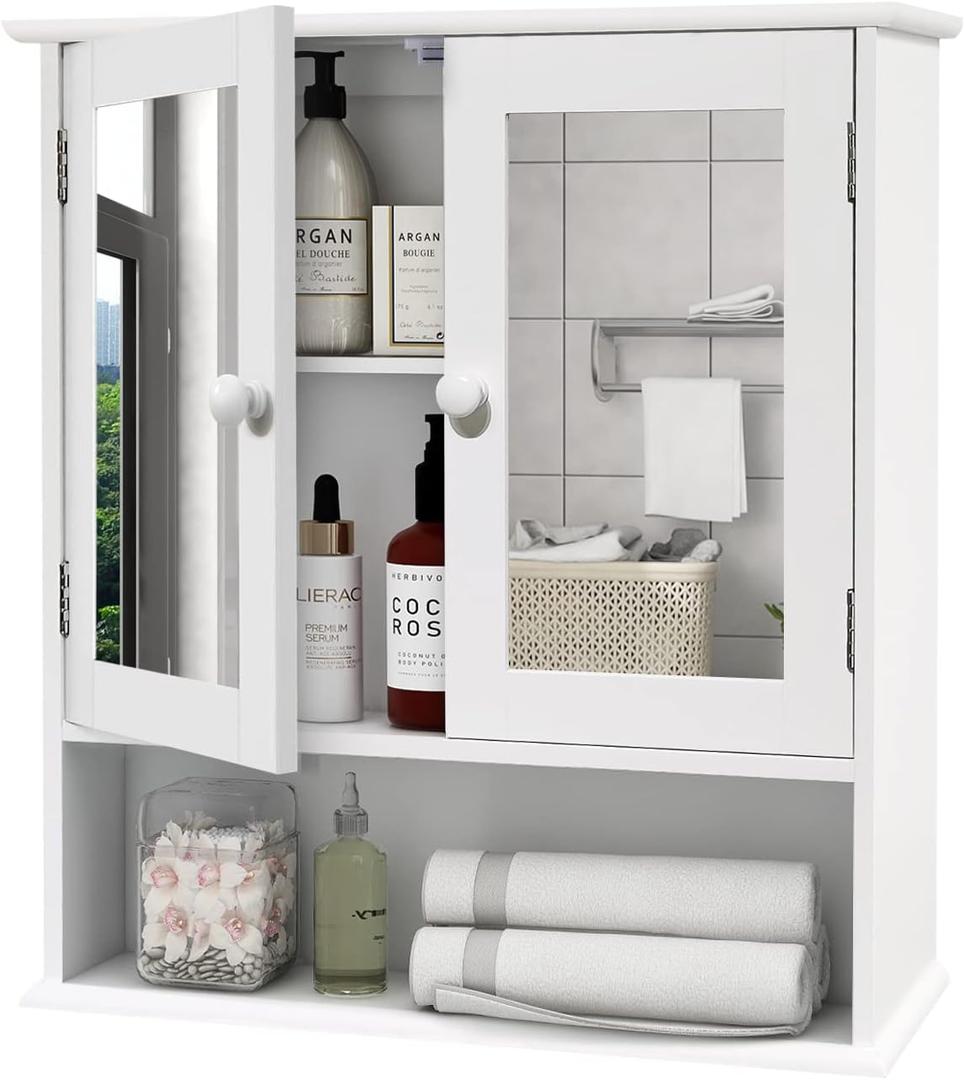 TaoHFE Medicine Cabinet, Medicine Cabinets for Bathroom with Mirror 2 Doors 3 Open Shelf, Bathroom Cabinet Wall Mounted Wooden Storage Over Toilet Laundry Room Kitchen