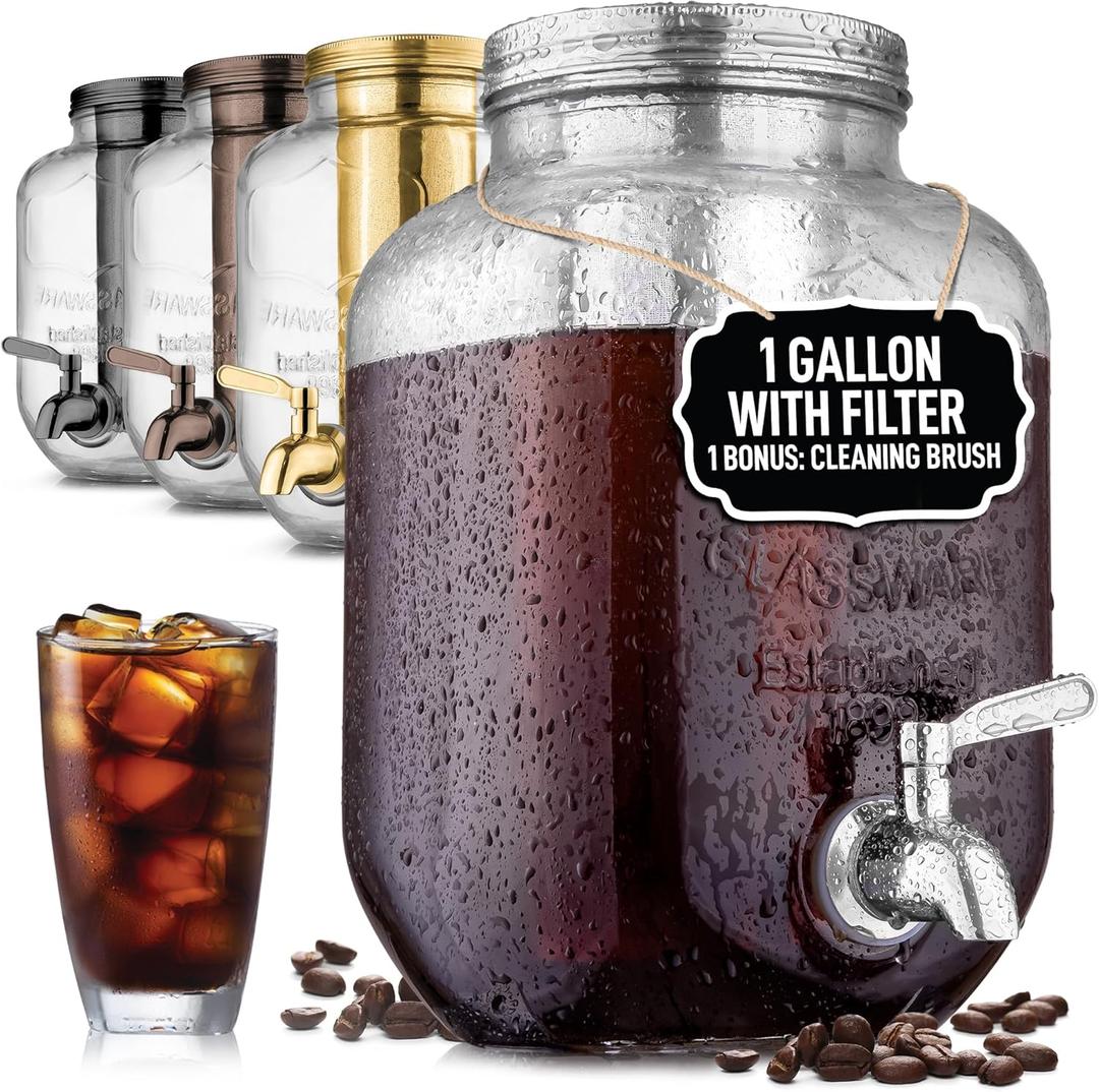 Zulay Kitchen 1 Gallon Cold Brew Coffee Maker  Glass Pitcher with Stainless Steel Filter, Airtight Lid & Spout  Large Iced Coffee & Tea Brewer for Refrigerator  Durable Extra-Thick Glass (Silver)