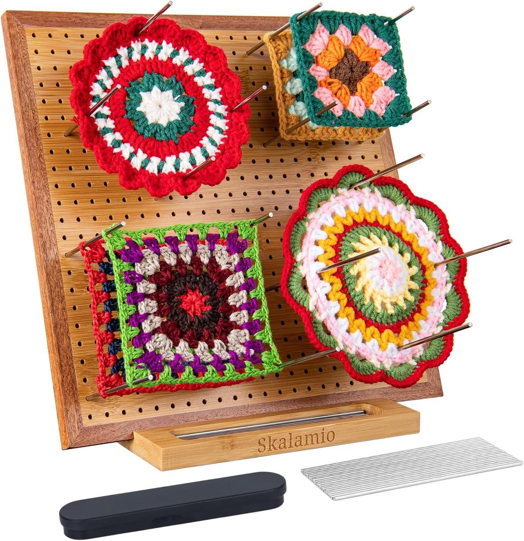 Skalamio 11.8" Blocking Boards for Crochet Projects with Storage, Blocking Board with 20 Pegs, Bamboo Granny Square Blocking Boards, Blocking Mats for Knitting, Crochet Blocking for Crocheters