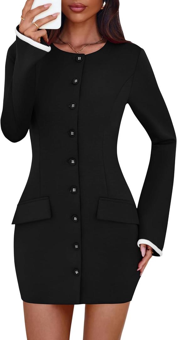 Lazysmile Women's Casual Dresses Long Sleeve Boat Neck Button Down Bodycon Mini Fall Party Club Cocktail Dresses for Women (Medium, Black)