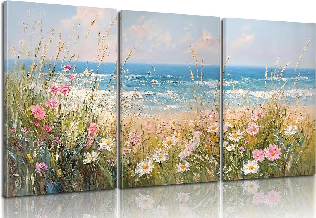 Coastal Wildflowers Wall Art Blue Ocean Landscape Wall Decor Flower Seascape Summer Painting Picture Beach Daisy Floral Poster Prints Artwork for Living Room Bedroom Home Decoratio Unframed (24L"x16W", Canvas)