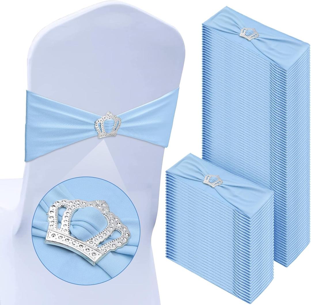 VitalCozy 100 Pcs Spandex Chair Sashes with Crown Buckle Slider Stretch Chair Bands Cover Ties for Wedding, Banquet, Gala, Corporate Event, Birthday Party, Baby Shower(Sky Blue)