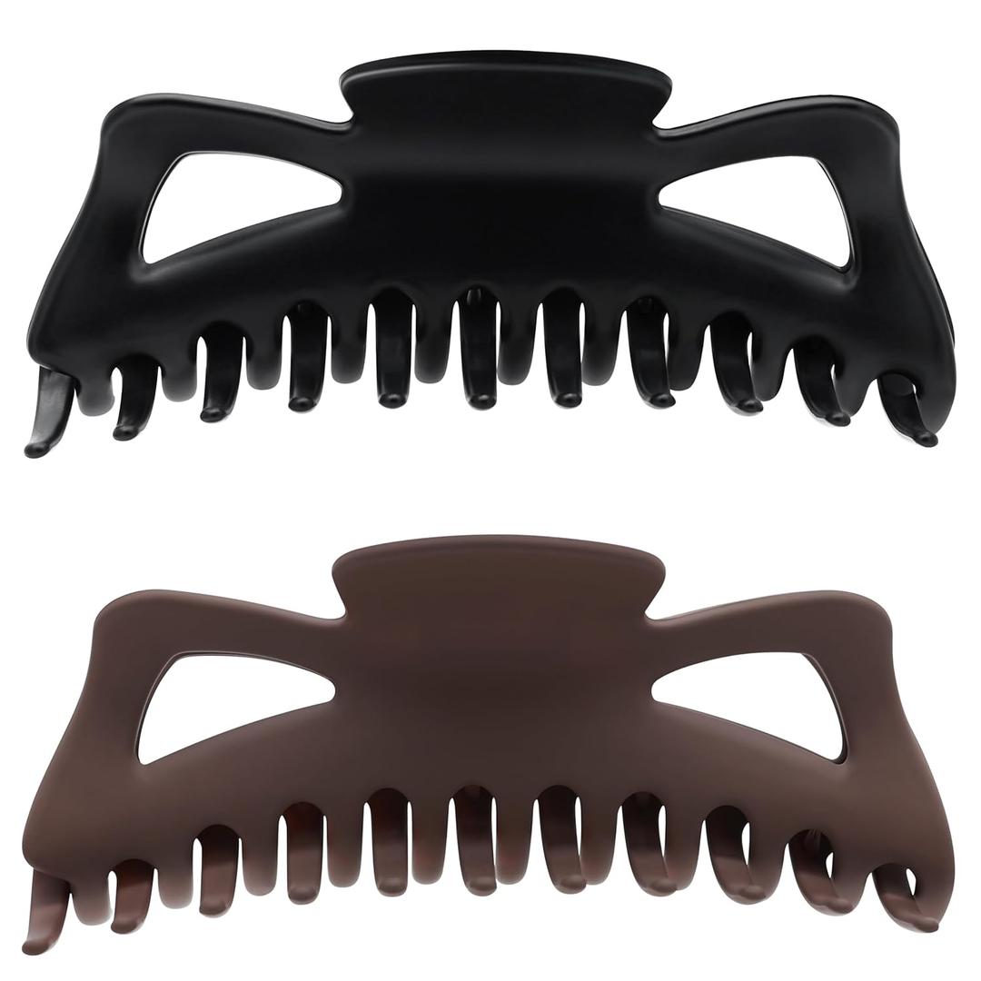 Extra Large Claw Clips for Thick Hair and Long Hair, 2 Pack XXl Jumbo Claw clips, Oversized Matte Non-slip Butterfly Hair Clips for Women, Big Strong Hold Jaw Clip, Black and Brown