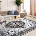Amearea Vintage Design Area Rugs for Living Room, 8x10 Machine Washable Floral Collection Traditional Bedroom Rug, Low Pile Cute Kids Room Print Carpet, No Slip Office Kitchen Home Decor, Black