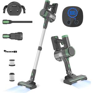 Cordless Stick Vacuum Cleaner, 40Kpa 450W Stick Vacuum,50mins Runtime Rechargeable, 6-in-1 Lightweight Vacuum for Hardwood Floor Low-Pile Carpet Pet Hair with LED Display&Headlights (Green)