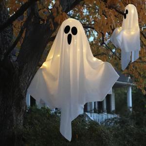 Halloween Hanging Ghost Lights Decorations, Warm White LED, Swinging Ghost Home Decor, 3 Modes Adjustable, Party Garden Yard Scary Cute Spooky Gifts (White 2Pack)