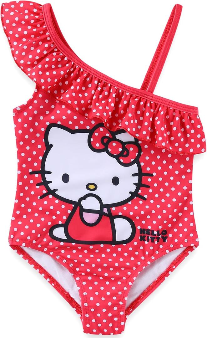 Hello Kitty Sanrio Girls UPF 50+ One Piece Bathing Suit for Big Kids (6X, Red)