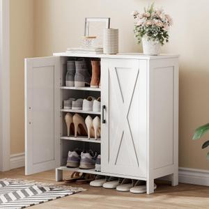 Farmhouse Shoe Cabinet with 2 Barn Doors & Wood Legs, 5-Tier Shoe Storage Cabinet with 3 Adjustable Shelves, Tall Shoe Rack Organizer for Closet, Shoe Organizer for Entryway, Hallway, White