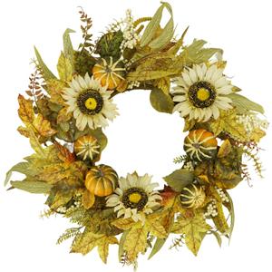 YNYLCHMX 18" Fall Wreaths for Front Door, Artificial Autumn Wreath with Sunflower Pumpkin and Berries for Home Porch Window Wall Farmhouse Decor, Indoor Outdoor, Holiday Decor