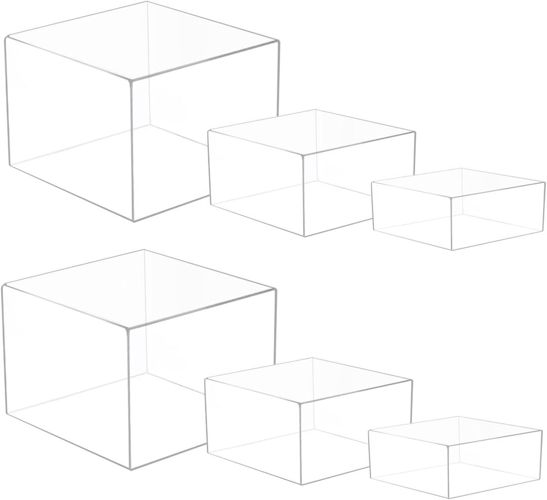 6 Pcs 3 Size Acrylic Cube Display Risers Acrylic Boxes Dessert Display Nesting Cubes, Buffet Risers with Hollow Bottom for Jewelry Collectibles Cosmetics Figures Show
