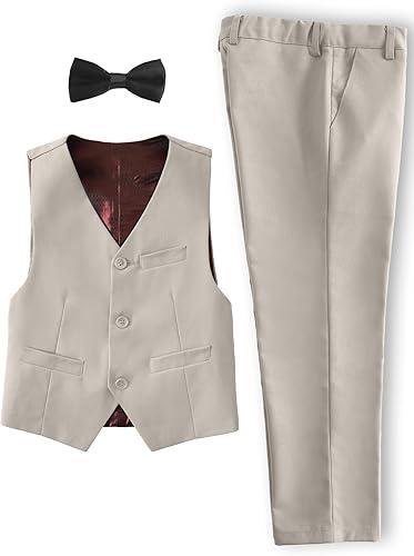 YuanLu Boys' 3Piece Set with Collared Dress Shirt, Vest, Bow Tie and Pants