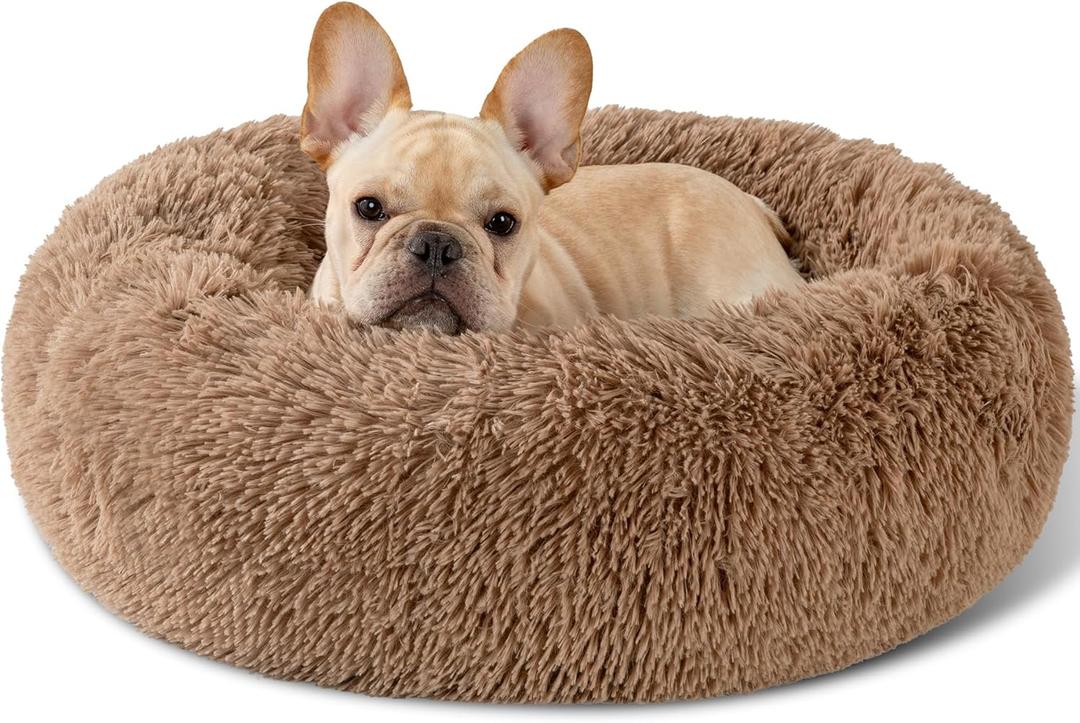 Dog Calming Beds for Small Medium Large Dogs - Round Donut Washable Puppy Dog Bed, Anti-Slip Faux Fur Fluffy Donut Cuddle Anxiety Cat Pet Bed (20'' Khaki)