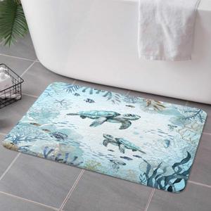Sea Turtle Bath Rugs for Bathroom, Teal Blue Ocean Beach Coastal Funny Animal Nautical Starfish Fish Non Slip Flannel Bathroom Rug, Dry Fast Water Absorbent Bath Mats, 17x29 Inch (Boho)