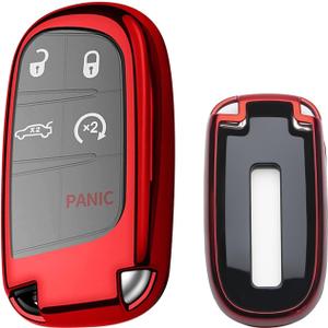 Xotic Tech Red TPU Key Fob Shell Full Cover Case Honda w/Red Keychain, Compatible with Chrysler 200 300 or Dodge Charger Challenger Dart Durango Journey or Jeep Grand Cherokee Smart Keyless Entry Key