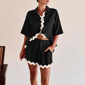 Shy Velvet Lounge Sets for Women Two Piece Sets Summer Pajama Sets Linen Cotton Vacation Outfits With Stylish Ric Rac Trim
, 3Piece, Black, Large