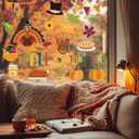 136 Pcs Fall Window Clings Decoration Thanksgiving Harvest Window Clings Cute Cartoon Turkey Pumpkin Leaf Stickers for Party Classroom Home Office Decoration