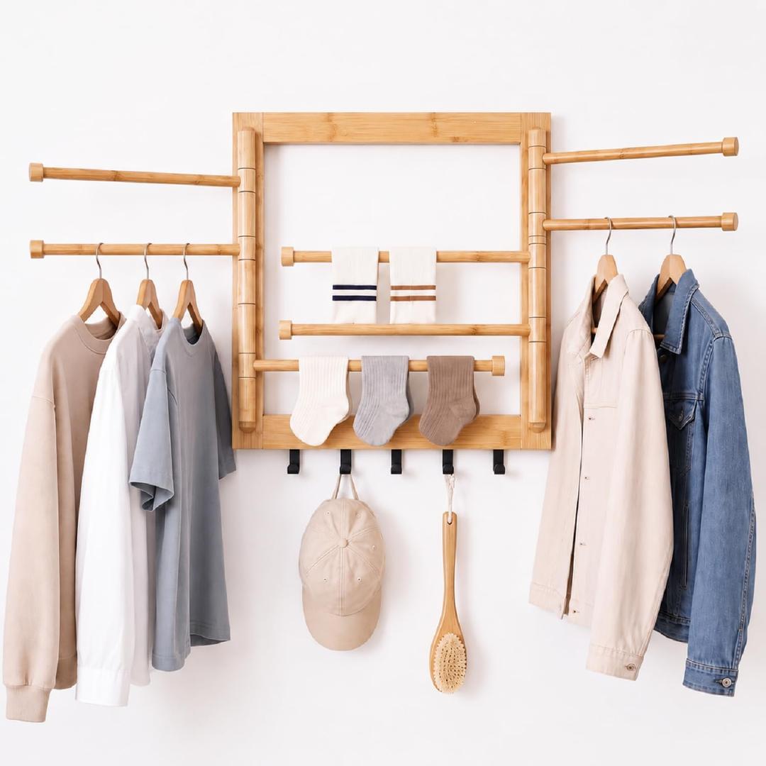 Sintuff Bamboo Wall Mounted Drying Rack with 8 Swivel Arms, 80 lbs, Natural, 20 inches