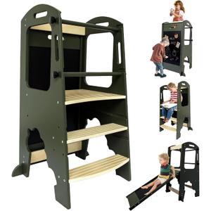 Toddler Kitchen Step Stool,Kids Standing Tower, Removable Anti-Drop Railing Safety Rail,A Anti-tip Structure More Stable, Natural Wooden