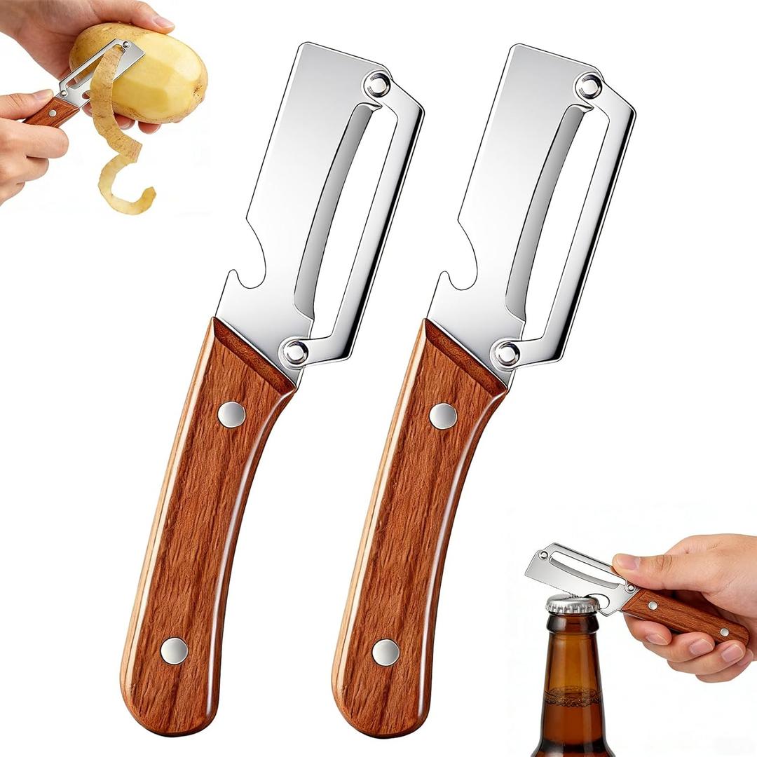 2Pcs Multi-Functional Vegetable Peeler,Zero Snag Wooden Peeler,Zero Snag Wooden Kitchen Tool with Bottle Opener,Ultra-Sharp Stainless Steel Peelers for For Vegetables Fruits