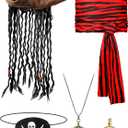 5 Pieces Halloween Pirate Costume Set, Pirate Hat with Dreadlocks Earrings Skull Necklace Eye Patch Large Sash for Men Women (Red and Black)