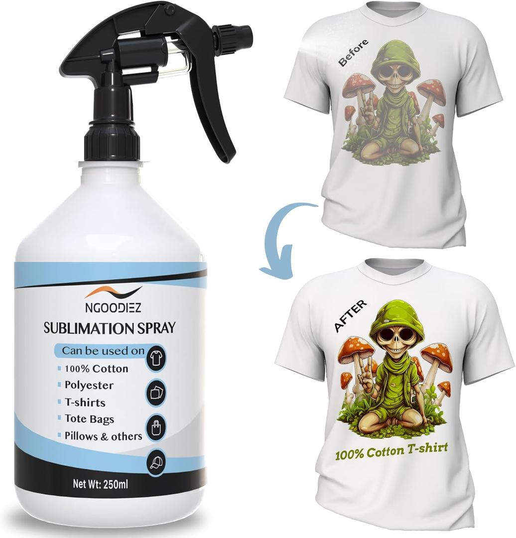 NGOODIEZ Sublimation Spray for Cotton T-Shirts & Polyester | Complete Kit with Pro Guide | Sublimation Coating Spray for All Materials | Quick Dry, Anti-Fade, Washable, One Step Application (250ml) (8.45 Fl Oz (Pack of 1))