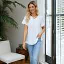 Womens T Shirts Short Sleeve Pleated Dressy Tunic Casual V Neck Summer Tops Blouses Beach Vacation Clothes (XXL)
