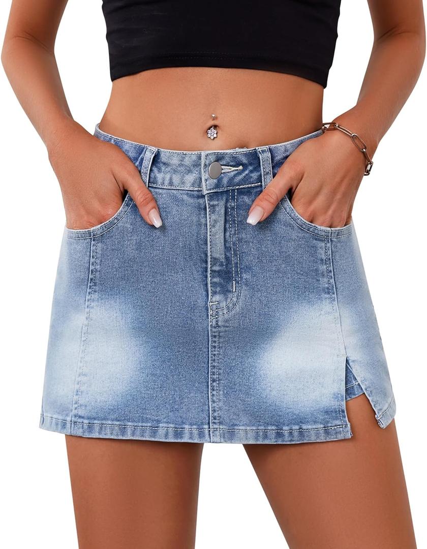 Women's Denim Skorts Skirts Mini Side Slit Skirt High Waisted Casual Y2k Jean Shorts Stretchy (Blue, XL)