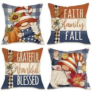 Fahrendom Hello Fall Pumpkin Gnome Decorative Throw Pillow Covers 18 x 18 Set of 4, Autumn Harvest Teal Blue Plaid Check Porch Outdoor Pillowcase, Maple Leaves Farmhouse Rustic Cushion Case Home Decor