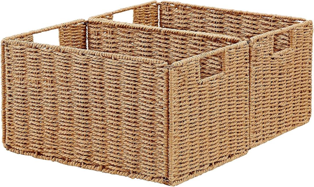 Vagusicc Wicker Storage Basket, Set of 2 Hand-Woven Paper Rope Wicker Basket, Small Storage Baskets for Organizing Toilet Paper Basket, Foldable Large Cube Storage Organizer Bins for Shelves (Natural) (15.2"D x 10"W x 8.6"H)