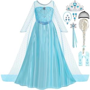 Elsa Dress for Girls Toddler Snow Princess Costume Blue with Wig Halloween Birthday Party Dress Up Outfits (4-5T)